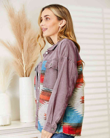 Dropped Shoulder Long Sleeve Printed Denim Jacket