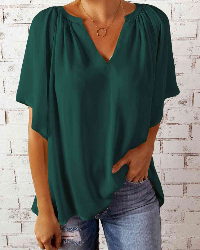 Gathered Detail Notched Neck Flutter Sleeve Top
