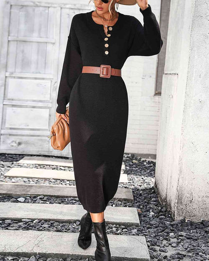 Notched Neck Dropped Shoulder Button-Down Midi Dress