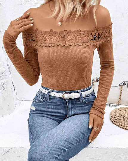 Off-Shoulder Lace Trim Ribbed Tee