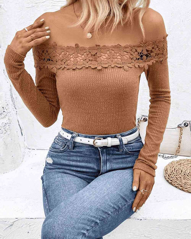 Off-Shoulder Lace Trim Ribbed Tee