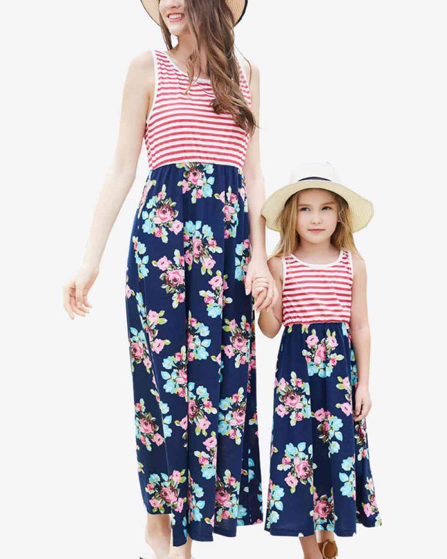 Women Striped Floral Sleeveless Dress