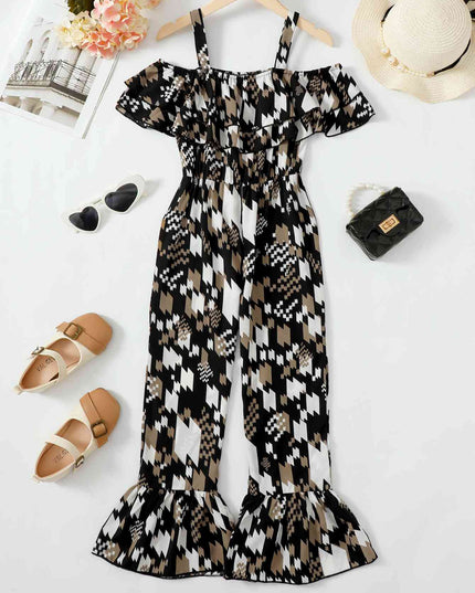 Printed Cold-Shoulder Flare Leg Jumpsuit