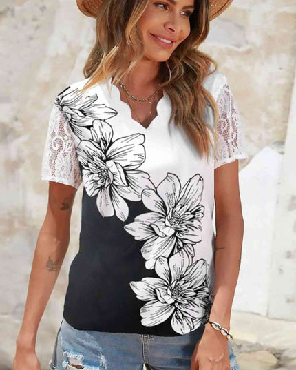 Floral Graphic Scalloped V-Neck Top