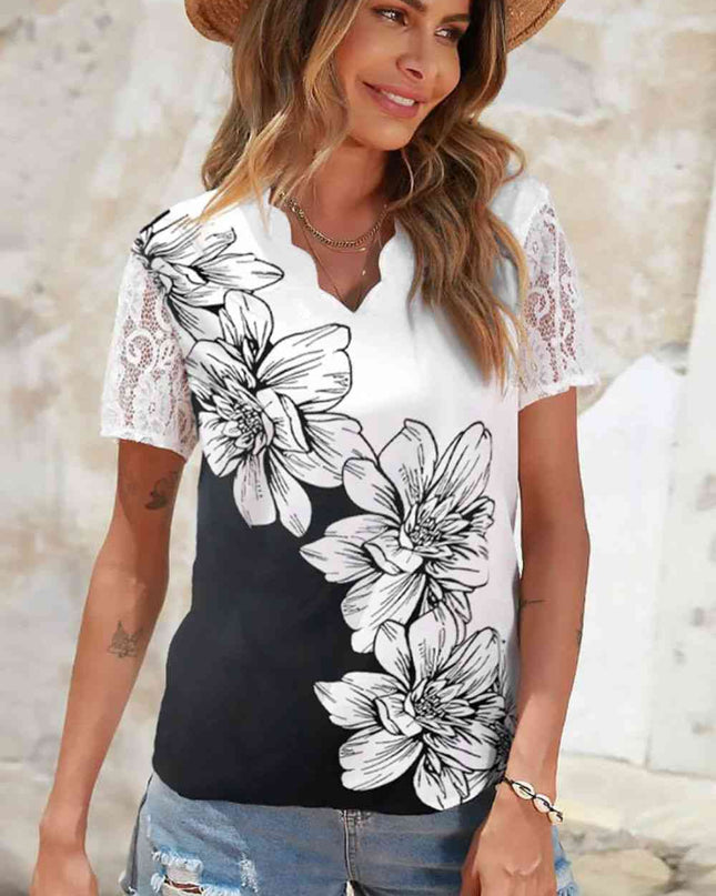Floral Graphic Scalloped V-Neck Top