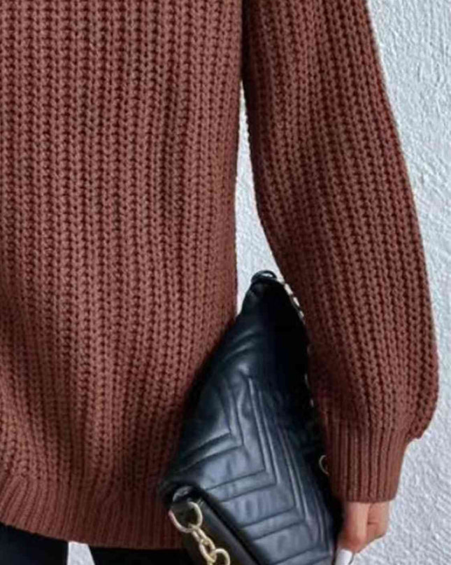Full Size Turtleneck Rib-Knit Slit Sweater