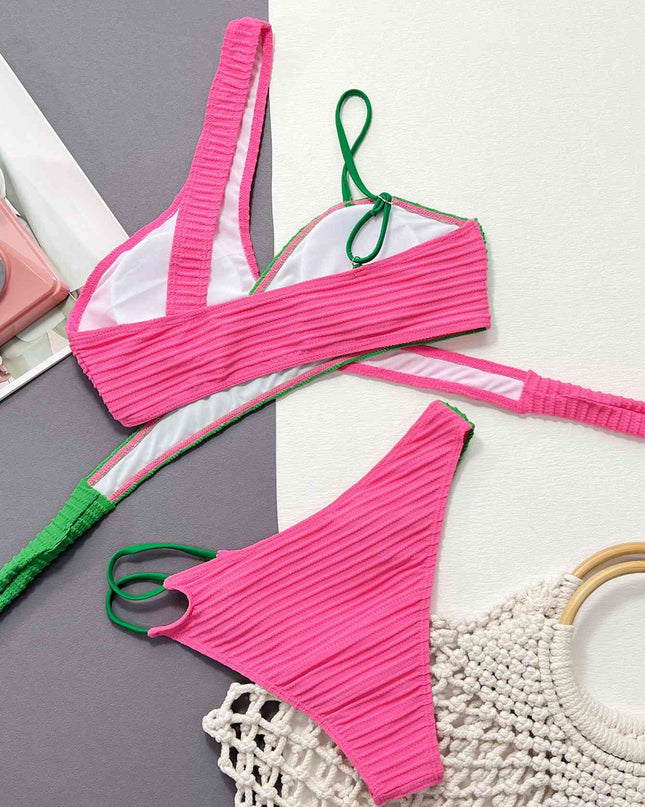 Contrast One-Shoulder Two-Piece Swim Set
