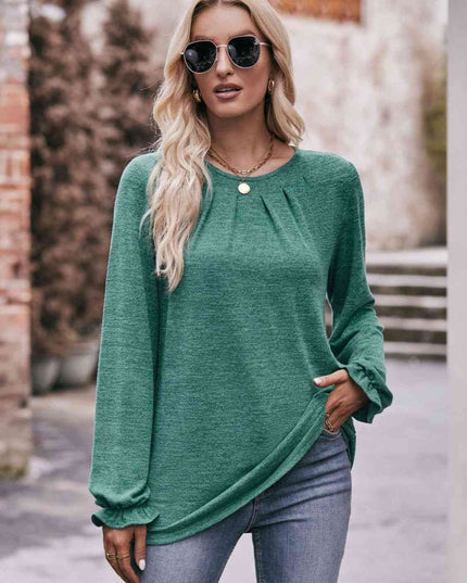 Double Take Long Flounce Sleeve Round Neck Blouse