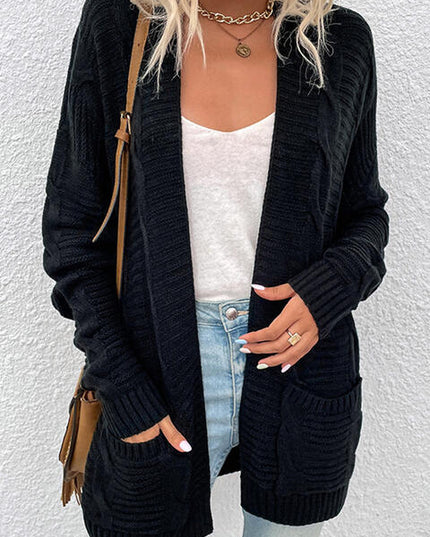 Cable-Knit Open Front Cardigan with Pockets