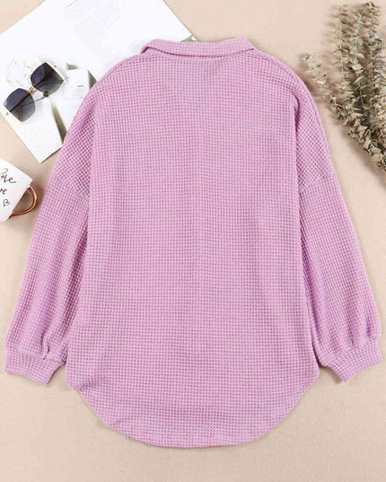 Waffle-Knit Button Up Long Sleeve Shirt with Pocket