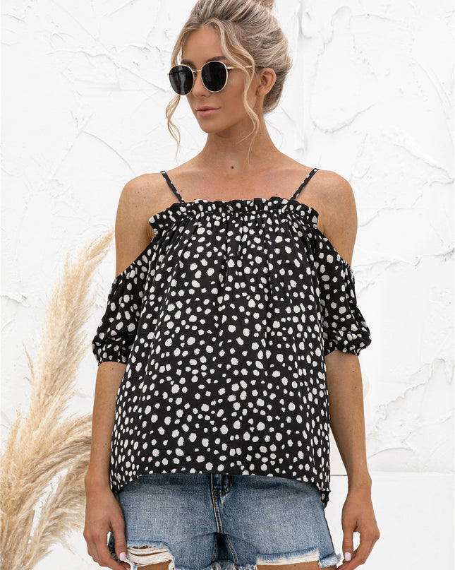 Printed Cold-Shoulder Frill Trim Blouse