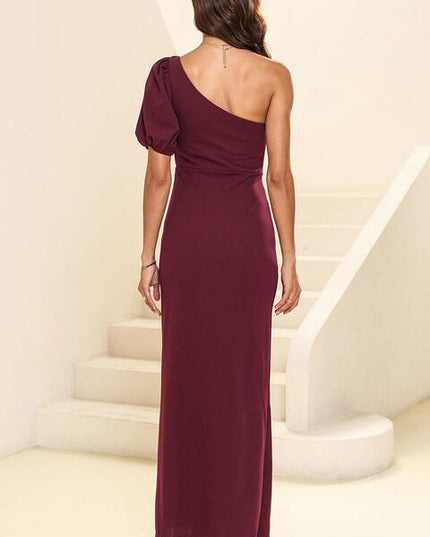 One shoulder Balloon Sleeve Slit Maxi Dress