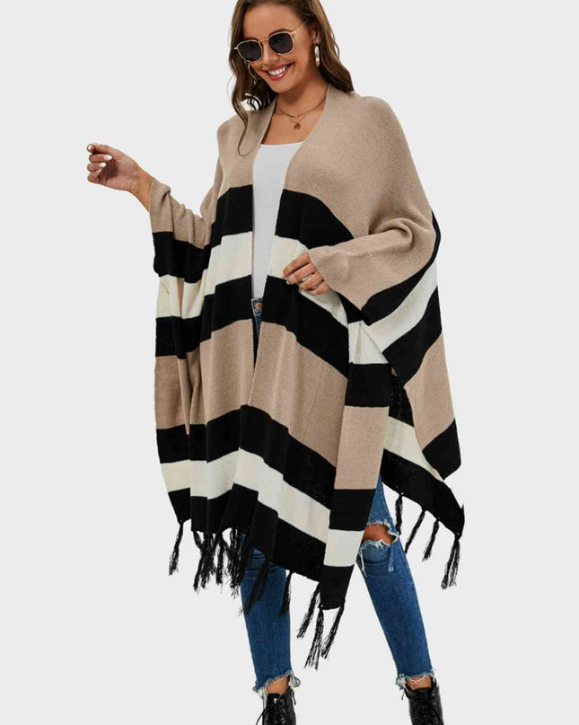 Striped Open Front Fringe Cardigan