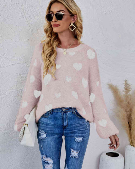 Woven Right Heart Print Fuzzy Crewneck Long Sleeve Sweater