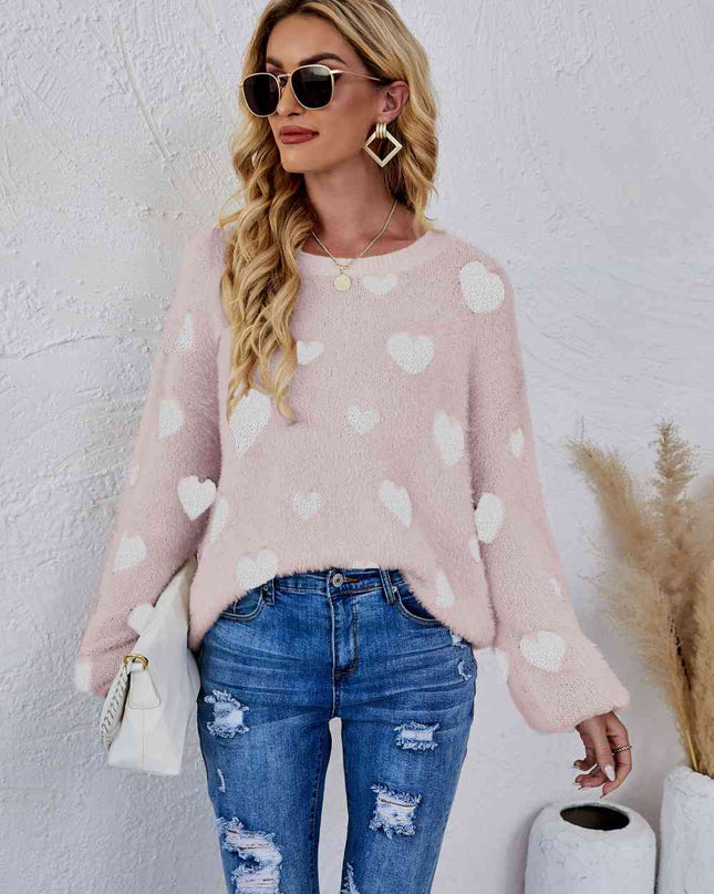 Woven Right Heart Print Fuzzy Crewneck Long Sleeve Sweater
