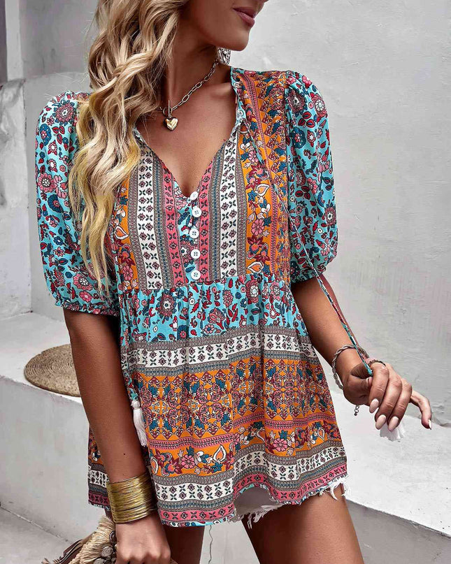Bohemian Tassel Tie Puff Sleeve Babydoll Blouse