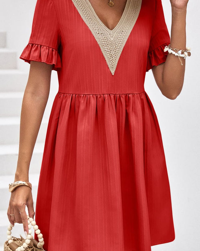 V-Neck Flounce Sleeve A-Line Dress