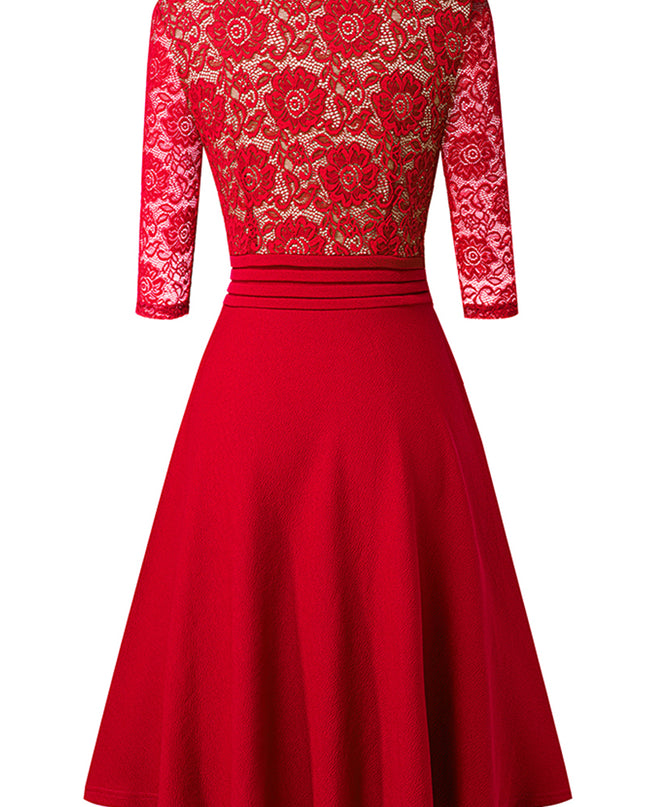 V-Neck Lace Detail Knee-Length Dress