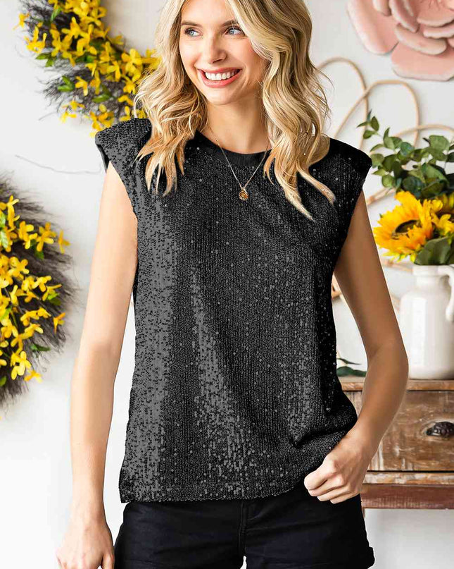 Sequin Round Neck Capped Sleeve Tank