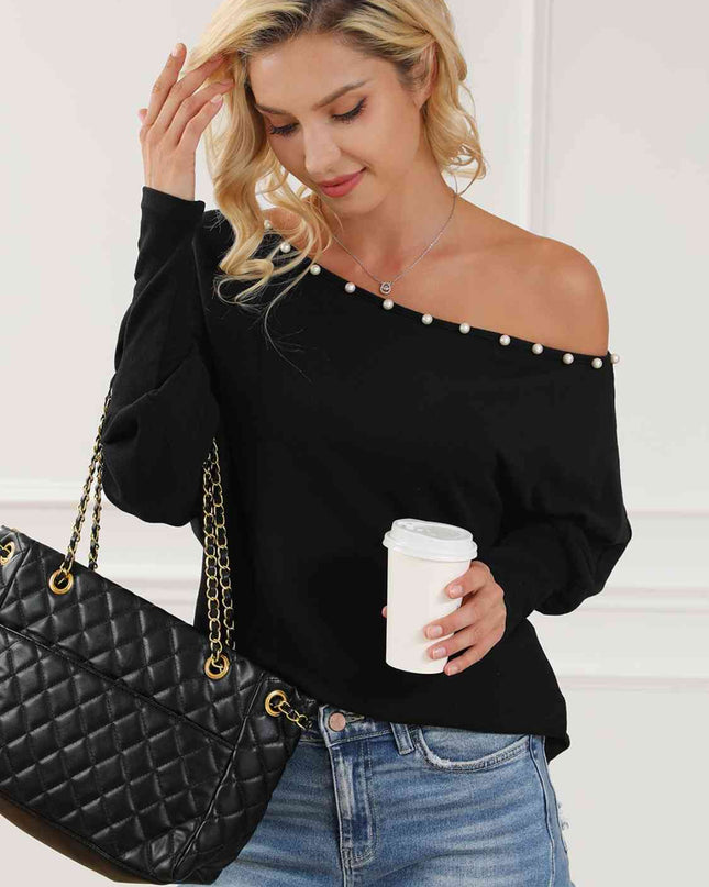 Pearl Trim Lantern Sleeve Top