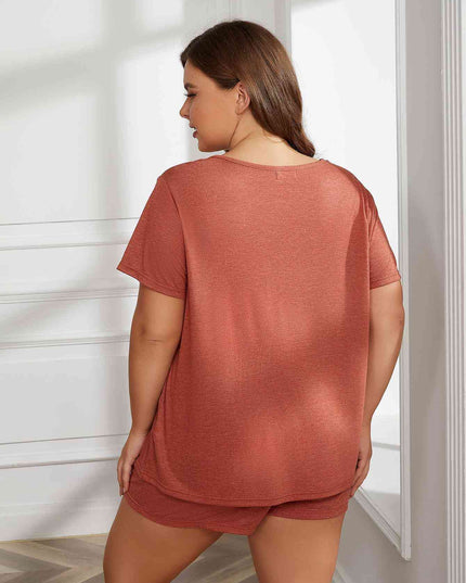 Plus Size Round Neck Short Sleeve Two-Piece Loungewear Set