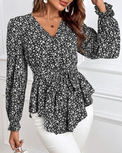 Printed V-Neck Tie Front Flounce Sleeve Blouse