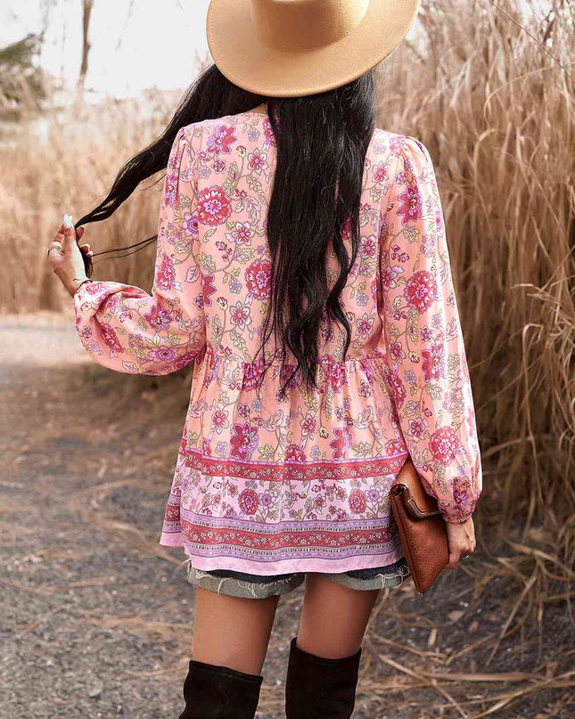 Tassel Tie Long Sleeve Peplum Blouse