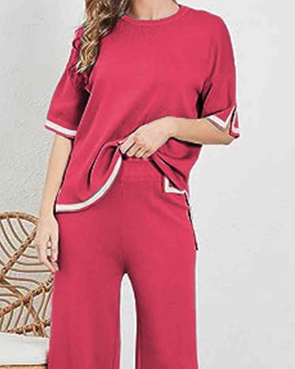 Contrast High-Low Sweater and Knit Pants Set