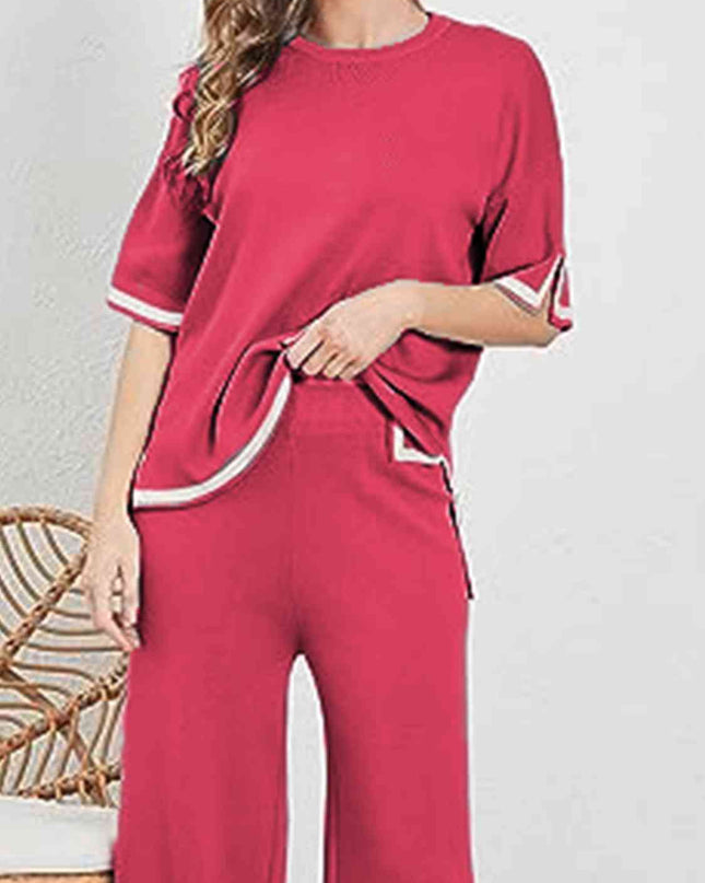 Contrast High-Low Sweater and Knit Pants Set