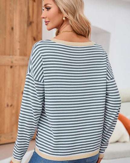 Striped Round Neck Drop Shoulder T-Shirt