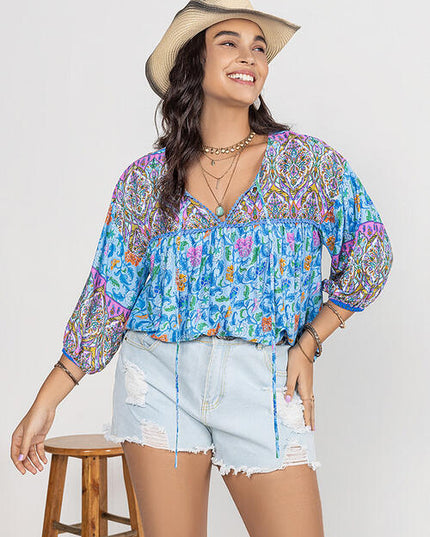 Plus Size Printed Tie Neck Balloon Sleeve Blouse