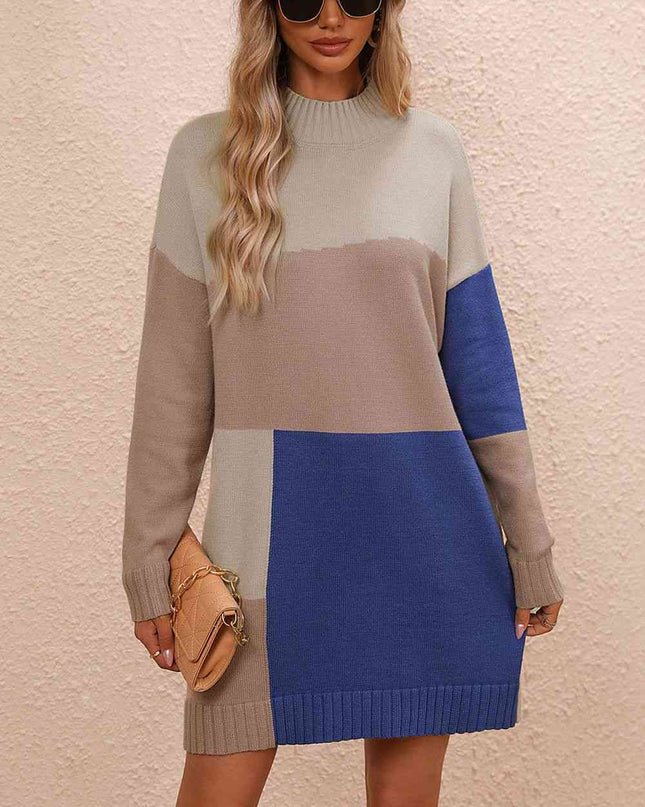 Color Block Mock Neck Dropped Shoulder Sweater Dress