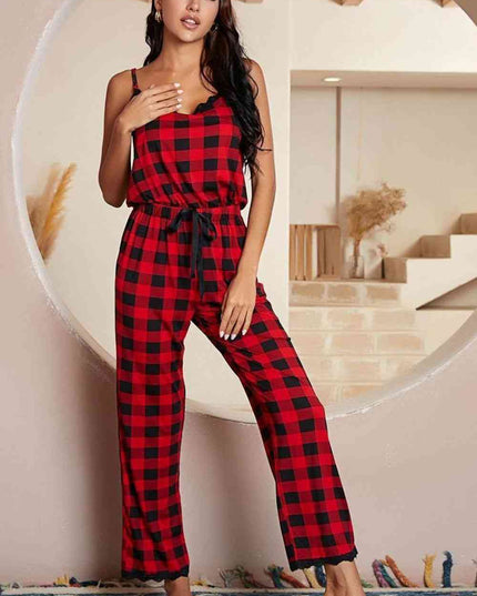 Plaid Lace Trim Spaghetti Strap Jumpsuit