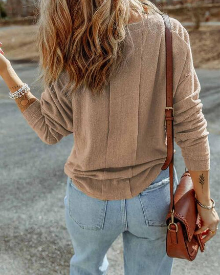 Buttoned Round Neck Long Sleeve Top