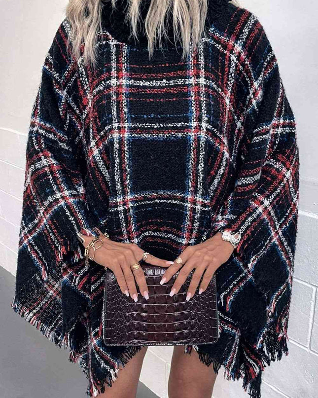 Plaid Turtleneck Fringe Hem Poncho