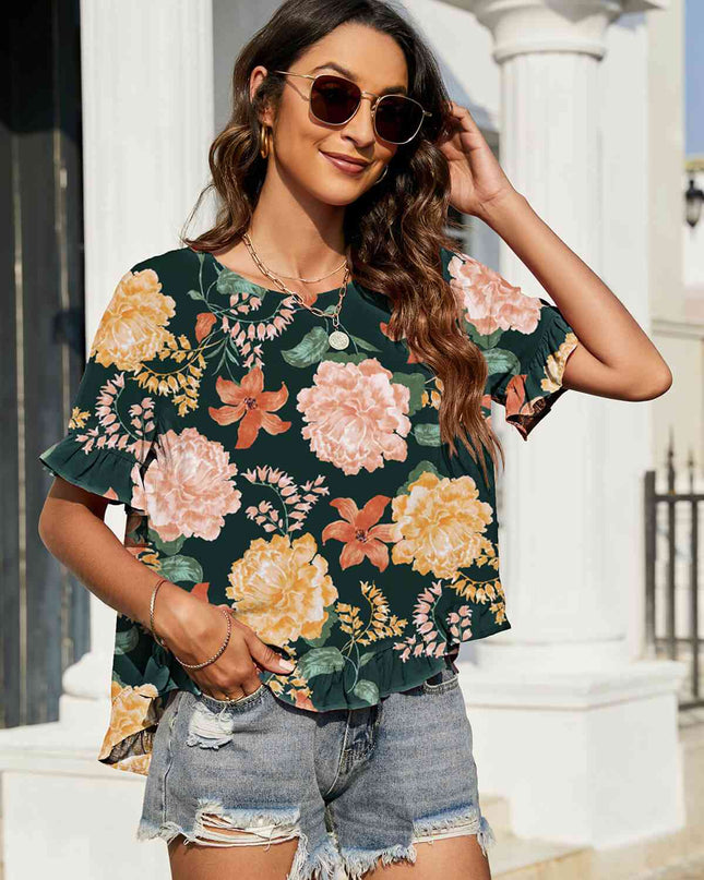 Floral Ruffled Flounce Sleeve Blouse
