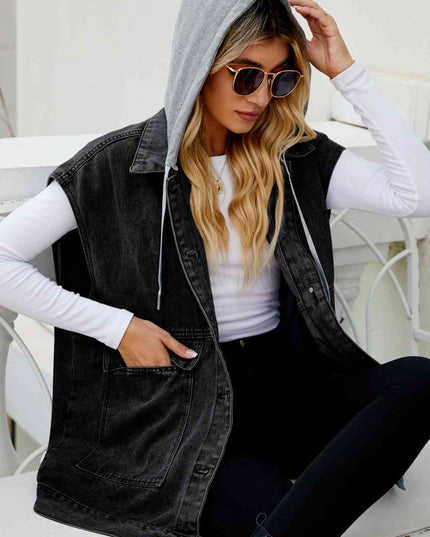 Hooded Sleeveless Denim Top with Pockets
