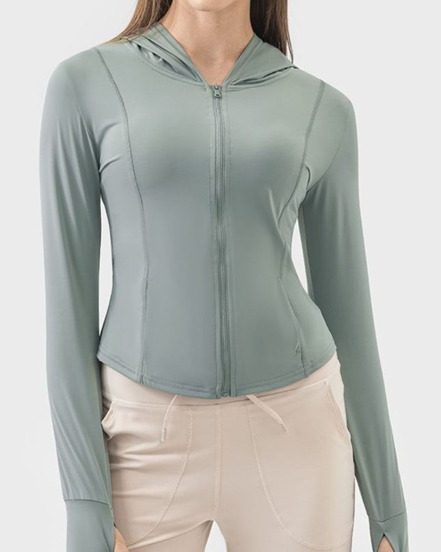 Pocketed Zip Up Hooded Long Sleeve Active Outerwear