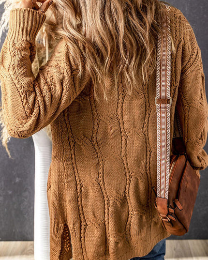 Cable-Knit Dropped Shoulder Slit Cardigan