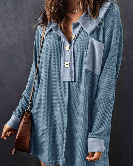 Waffle Knit Buttoned Long Sleeve Top with Breast Pocket