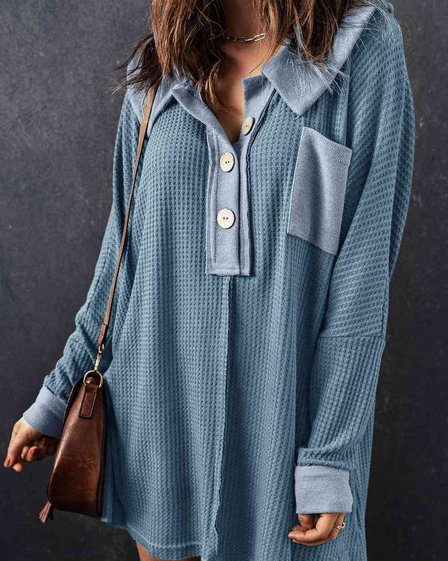 Waffle Knit Buttoned Long Sleeve Top with Breast Pocket
