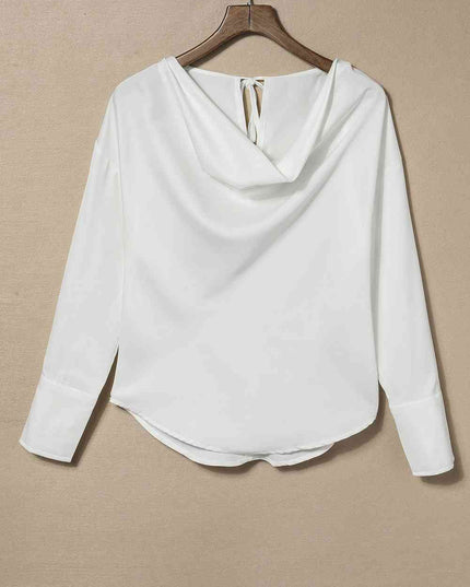 Cowl Neck Dropped Shoulder Long Sleeve Back Tie Blouse