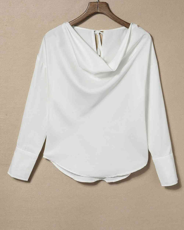 Cowl Neck Dropped Shoulder Long Sleeve Back Tie Blouse