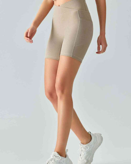 V-Waist Ribbed Sports Biker Shorts with Pockets