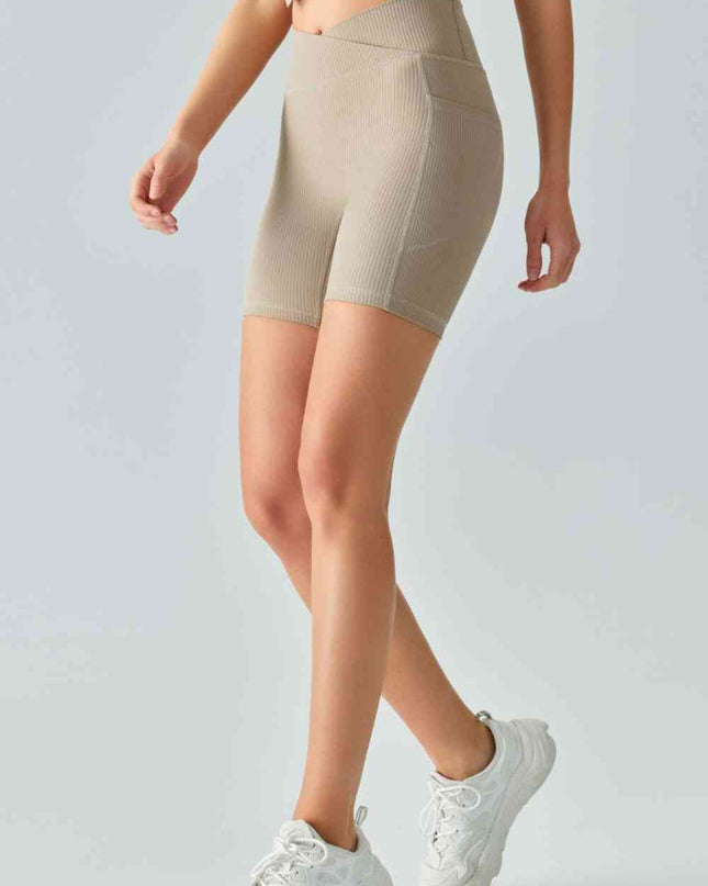 V-Waist Ribbed Sports Biker Shorts with Pockets