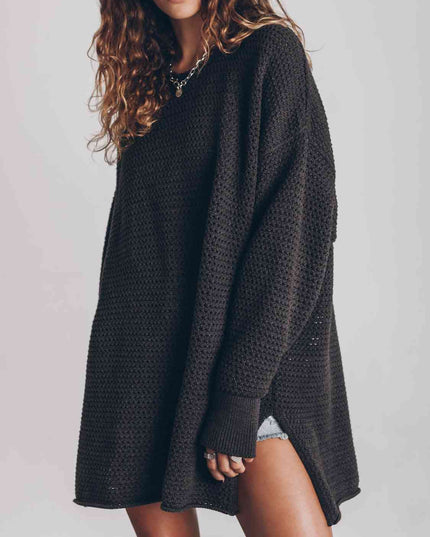 Openwork Round Neck Long Sleeve Slit Sweater