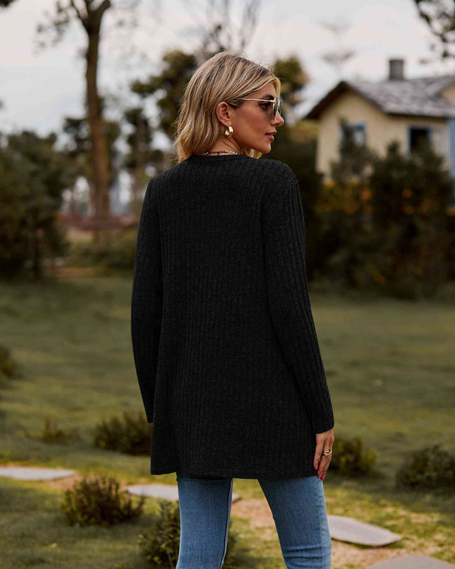 Ribbed Button-Up Cardigan with Pockets