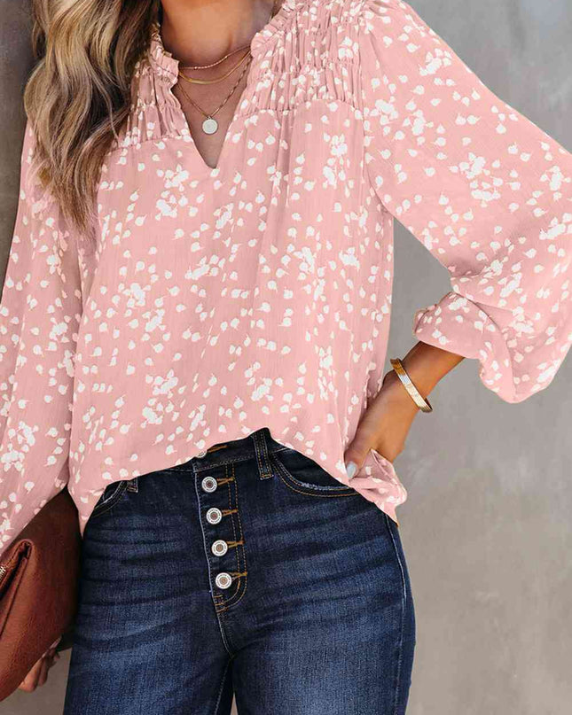 Double Take Printed Notched Neck Smocked Blouse