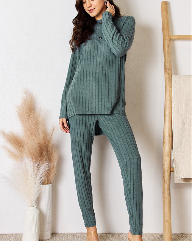 Basic Bae Full Size Ribbed Round Neck High-Low Slit Top and Pants Set