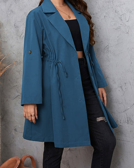 Plus Size Lapel Collar Drawstring Roll-Tab Sleeve Trench Coat